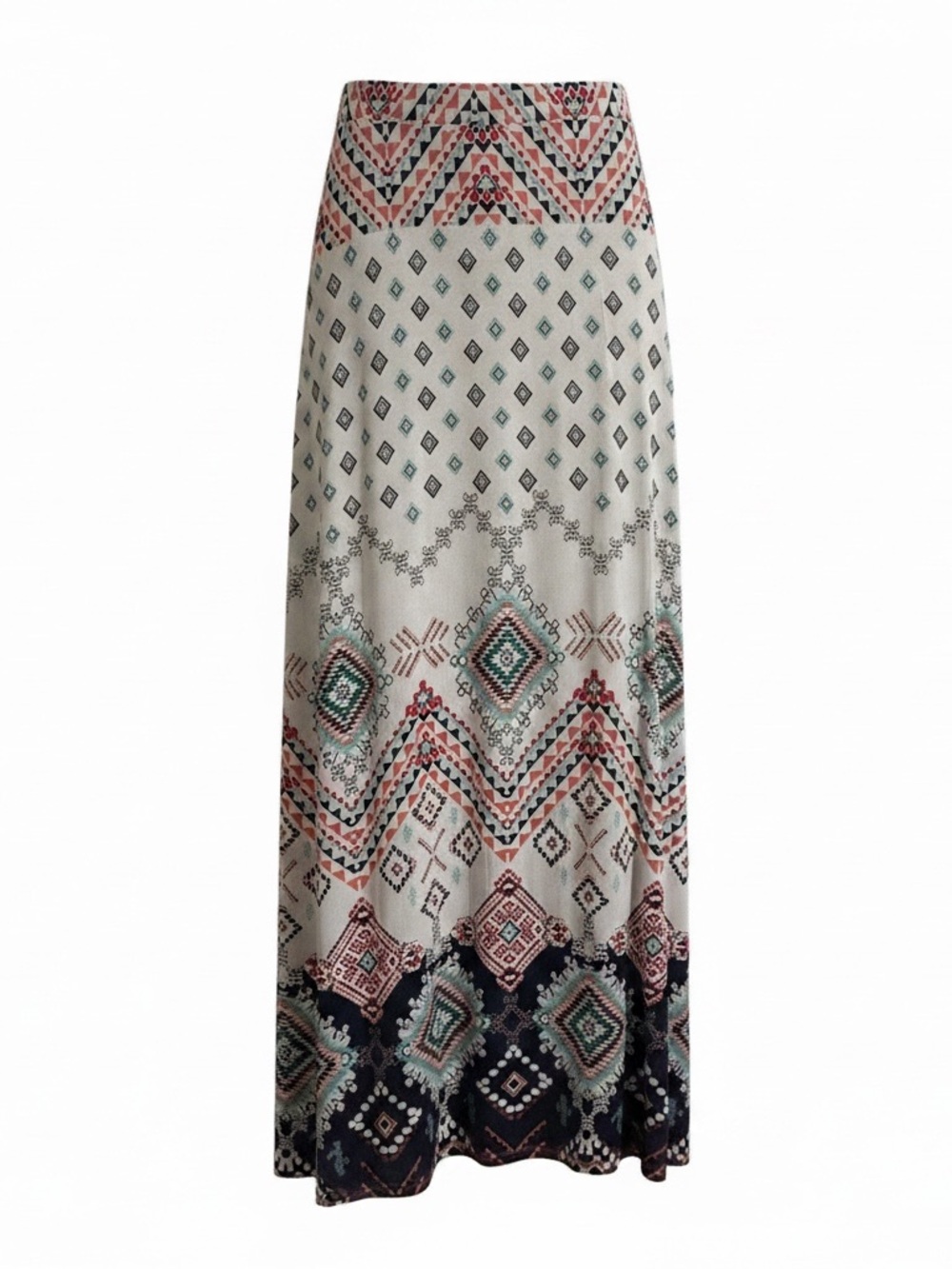 Charlotte Russe Cream Maxi Skirt with Teal & Coral Geo Pattern
